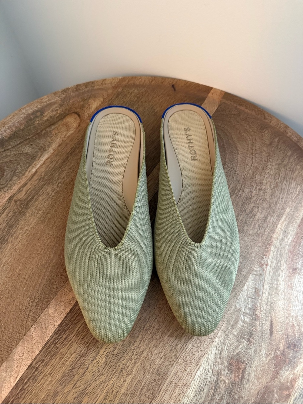 Rothy's The Mule Pointed Toe Sage Green Knit Slip-On Tortoise Sole Size 9
